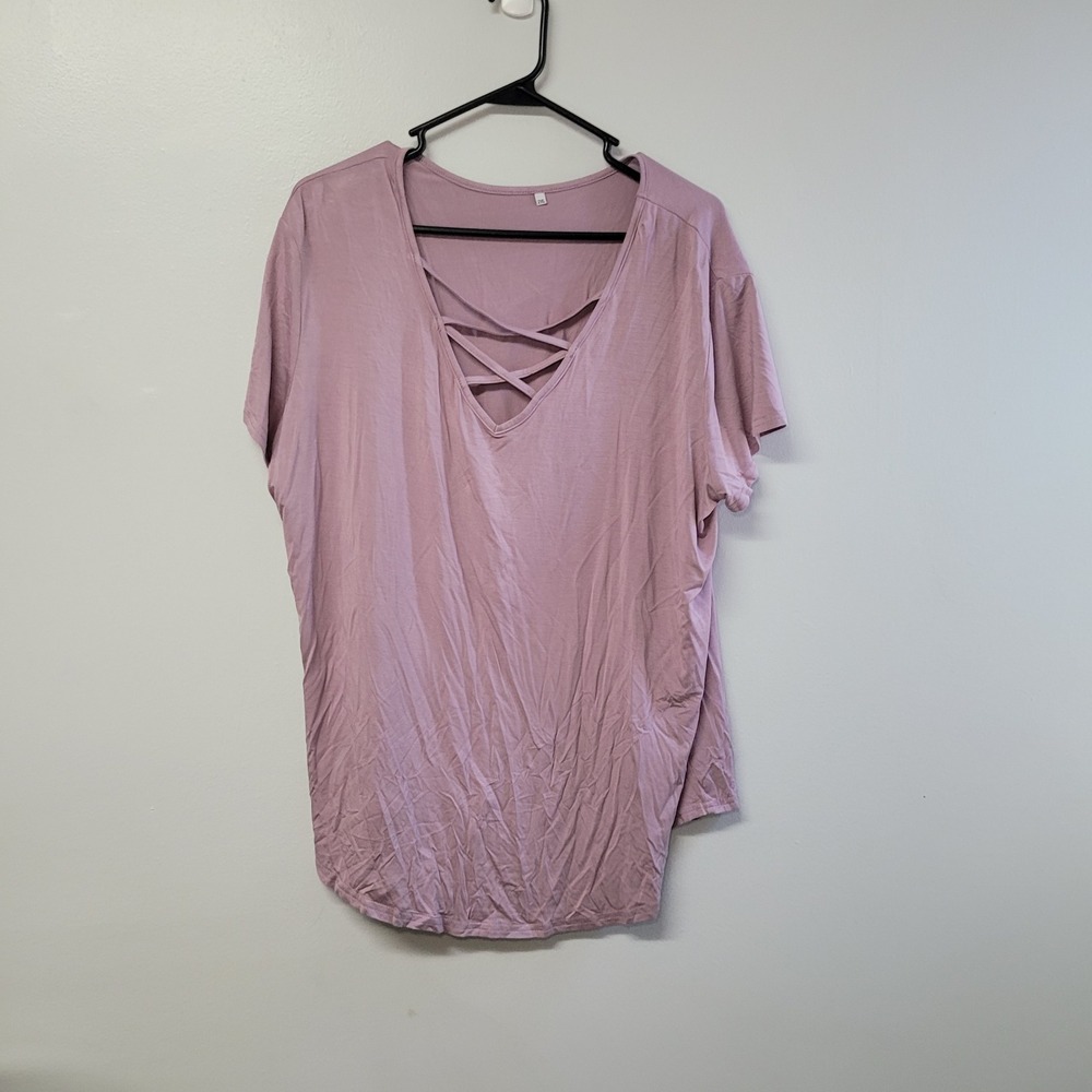 Unbranded Dull‎ Pink Criss Cross V-Neck Short Sleeve T-Shirt 2XL